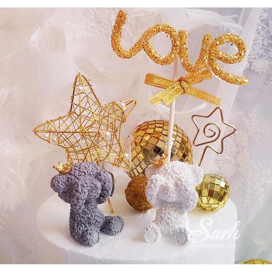 Pink Gray White Crown Bear Shiny Gold Ball Star Love Cake Decorations Mom Dad Birthday Party Decoration(1636L)