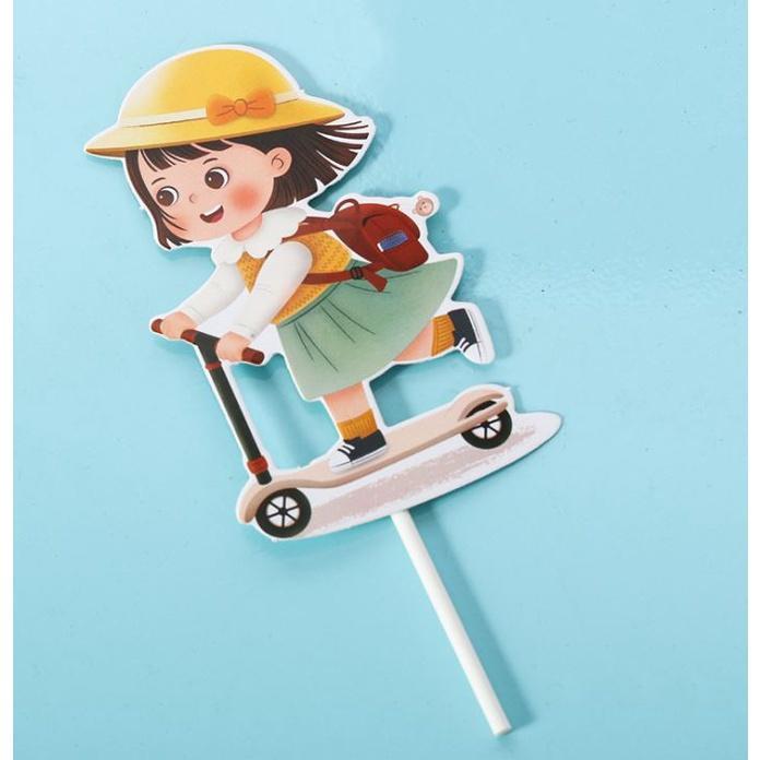Little girl with skateboard Cake decoration ins wind daisy bow little girl plug-in birthday baking dessert (1393L) - Image 3