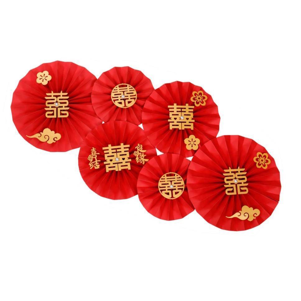 Red Chinese Words Traditional Happy Wedding Decorations Paper Fans Flower With Gold Wedding Double Happiness Wall(1914L) - Image 13