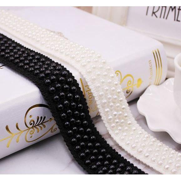 1yard/lot Pearl Beaded Lace Trim Tape Fabric White/black Lace Ribbon clothing Sewing Garment 二排/三排/四排珠子织带花边(1920L)