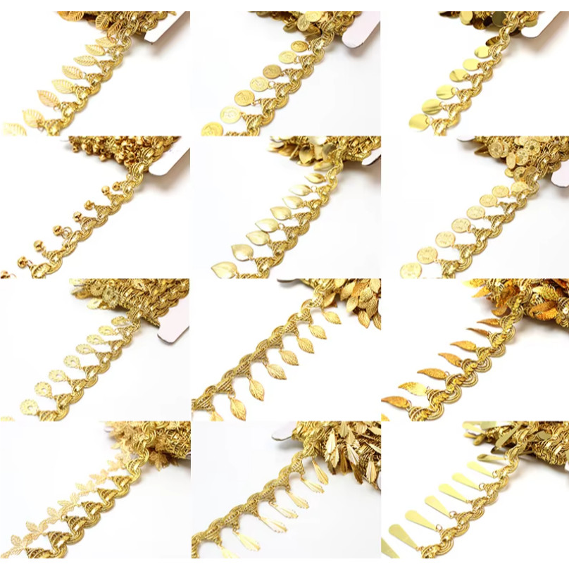 1yard Fringe Sequins Paillette Tassel Ribbon Braided Gold Lace Dancing Performance Suits Wedding 手工金色吊坠花边 (4003L) - Image 3