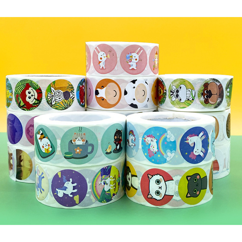 500pcs/Roll 1inch popular gift box decoration Cute Animal round stickers Reward Stickers For Kids 儿童卡通萌趣贴纸 (3027L)
