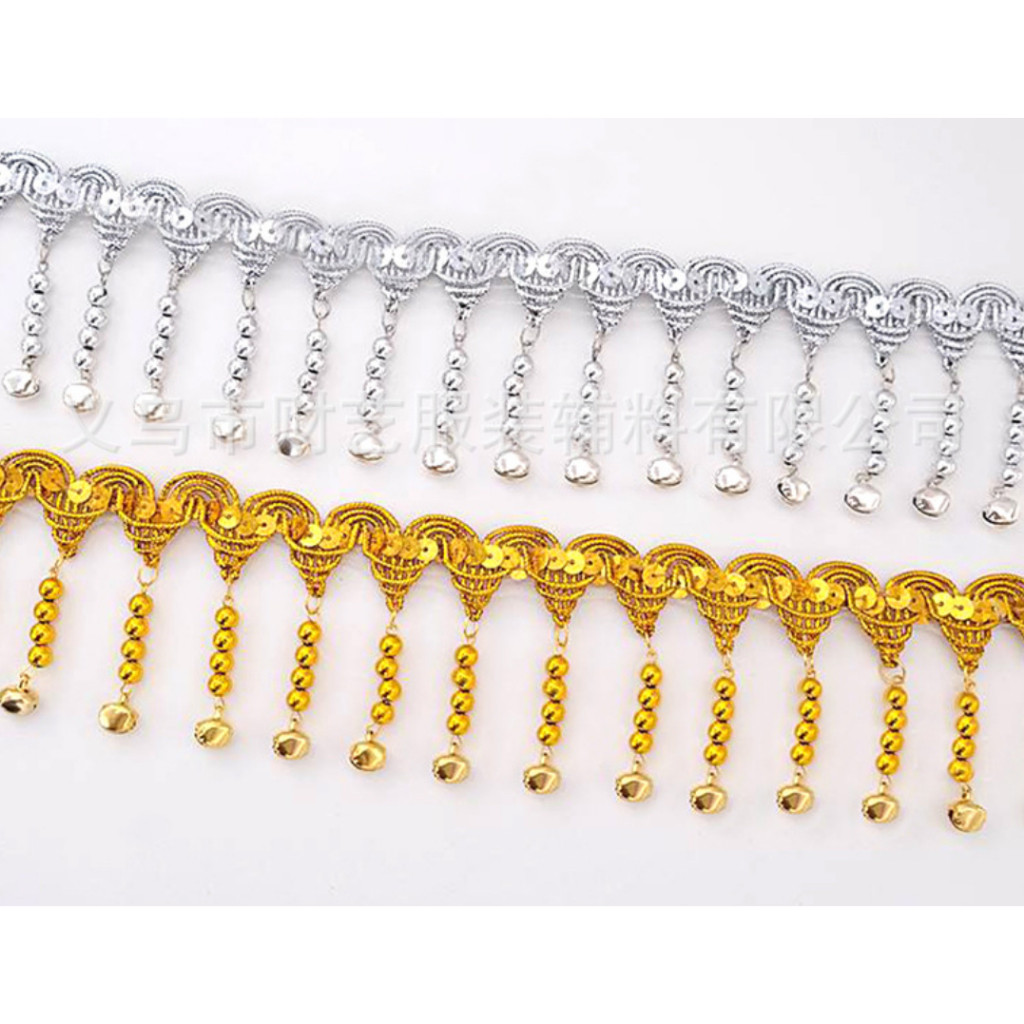 1yard 6.5cm Gold Silver Lace Bell Pendant National Wind Gold Sequins Lace Pendant Gold Bell Dress 铃铛吊坠花边 (4002L)