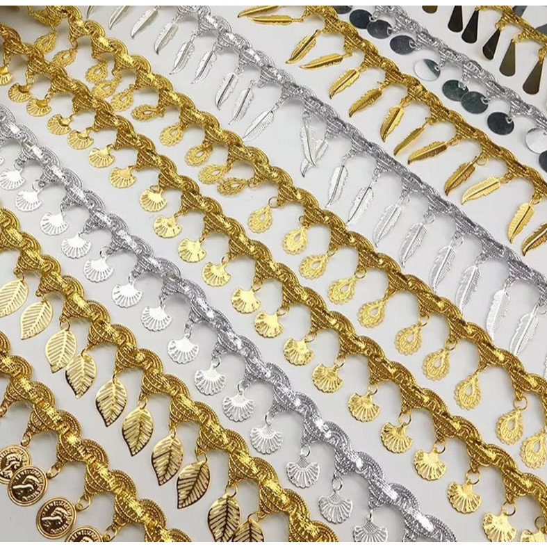 1yard Fringe Sequins Paillette Tassel Ribbon Braided Gold Lace Dancing Performance Suits Wedding 手工金色吊坠花边 (4003L)