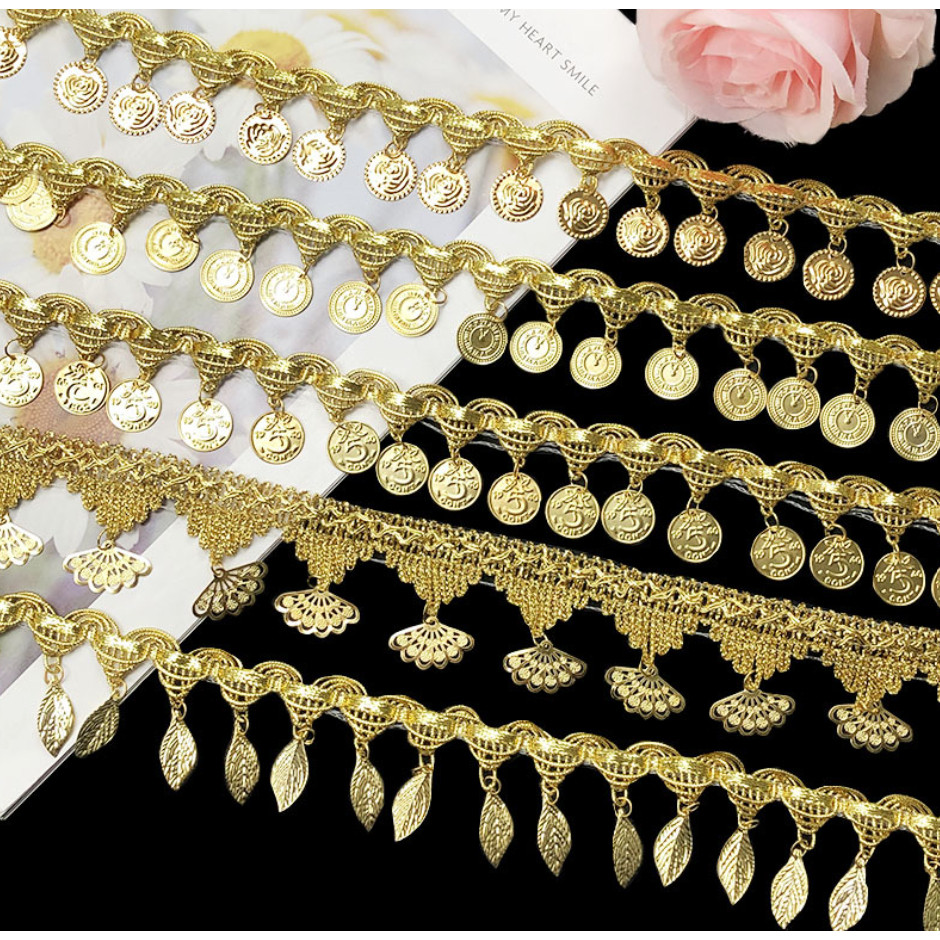 1yard Fringe Sequins Paillette Tassel Ribbon Braided Gold Lace Dancing Performance Suits Wedding 手工金色吊坠花边 (4003L) - Image 2