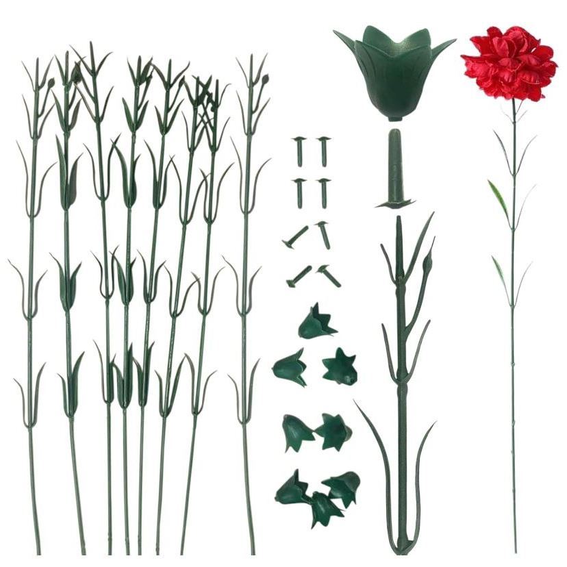 1 set Floral Wire Stem with Leaves and Calyxes for DIY Crafts Artificial Carnation Crochet Flower Stem for Making(3051L)