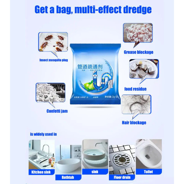 25g Drain Unclogging Powder Sink, Toilet & Kitchen Drain Cleaner Deodorizes, Cleans & Unblocks Grease, Hair (3174L) - Image 4