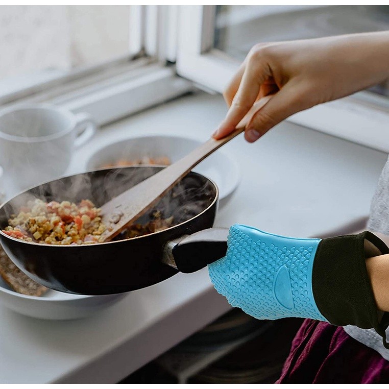 Double Layer Oven Gloves Heat Resistant Baking Gloves with Silicone and Cotton Kitchen Gloves Flexible隔热手套 微波炉硅胶(2182L)