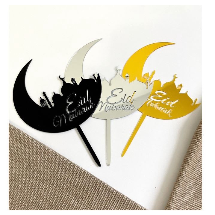 1pc Eid Mubarak Mosque Black Outline Matelic Acrylic Cake Topper (2658L)