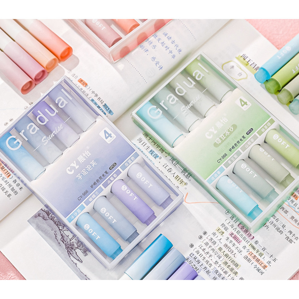 4pcs/Box Highlighter Pen Kawaii Markers Multifunctional Color graffiti Painting Liner Pen Students 渐变护眼斜头荧光笔(142-2866L) - Image 3