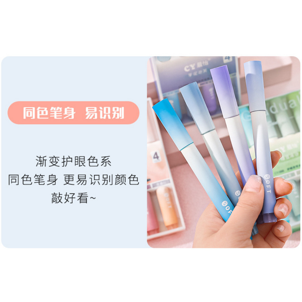 4pcs/Box Highlighter Pen Kawaii Markers Multifunctional Color graffiti Painting Liner Pen Students 渐变护眼斜头荧光笔(142-2866L) - Image 7