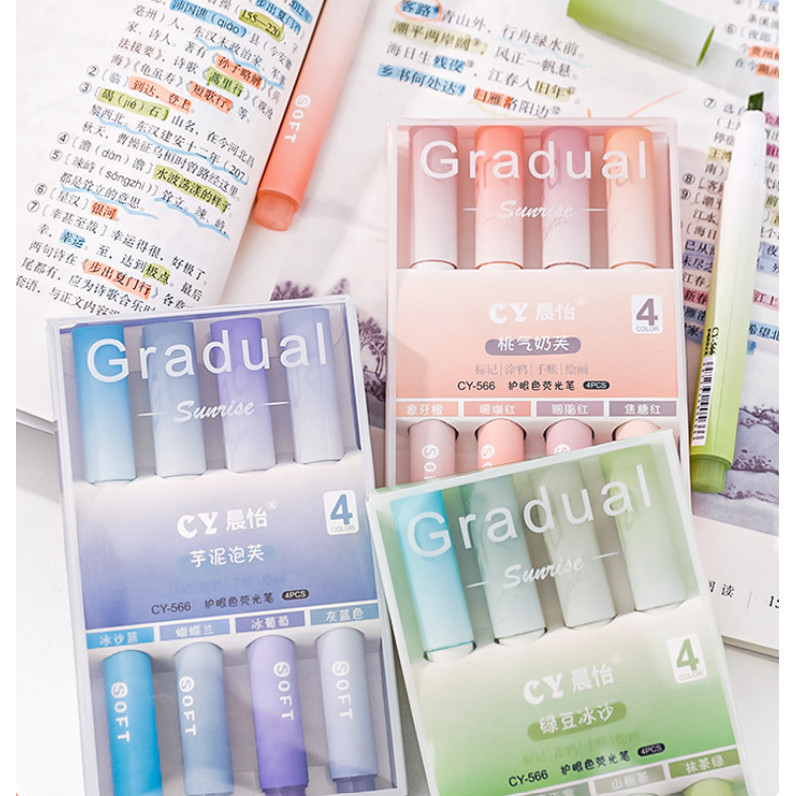4pcs/Box Highlighter Pen Kawaii Markers Multifunctional Color graffiti Painting Liner Pen Students 渐变护眼斜头荧光笔(142-2866L) - Image 2