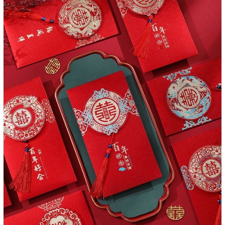 2Pcs Eye-catching Lucky Red Pocket Paper Decorative Wedding Red Envelope Tassel Wedding Money Bag for Festival (2831L)