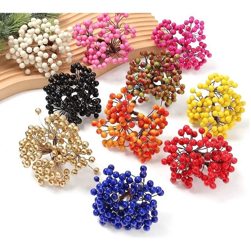 20pcs/40head Pearl Double Head Berries Mini Fake Fruit Berries Red Cherry Flower Bouquet Stamen Christmas Decor(2899L)