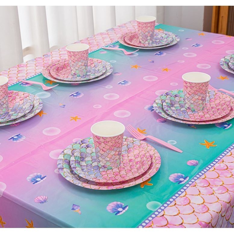 Mermaid Disposable Tableware Little Mermaid Paper Plates Cup Napkin Tablecloth Girl Mermaid Birthday Party Decor(2957L) - Image 2