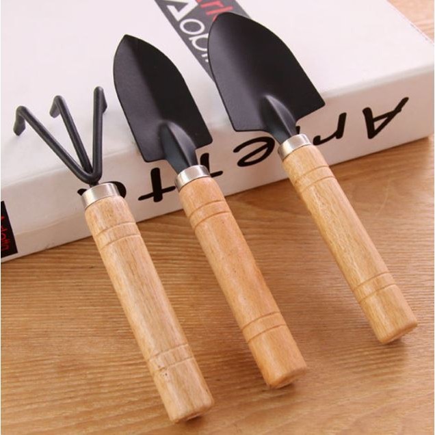 3 Piece Set Mini Gardening Potting Tools Wooden Handle Shovel Rake Shovel Multifunctional Household Plant Tools(2984L) - Image 2