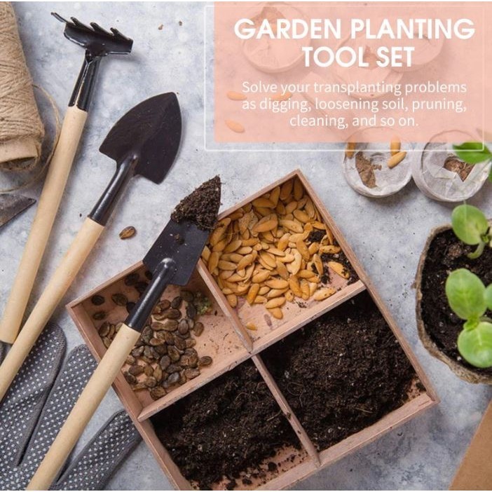 3 Piece Set Mini Gardening Potting Tools Wooden Handle Shovel Rake Shovel Multifunctional Household Plant Tools(2984L)