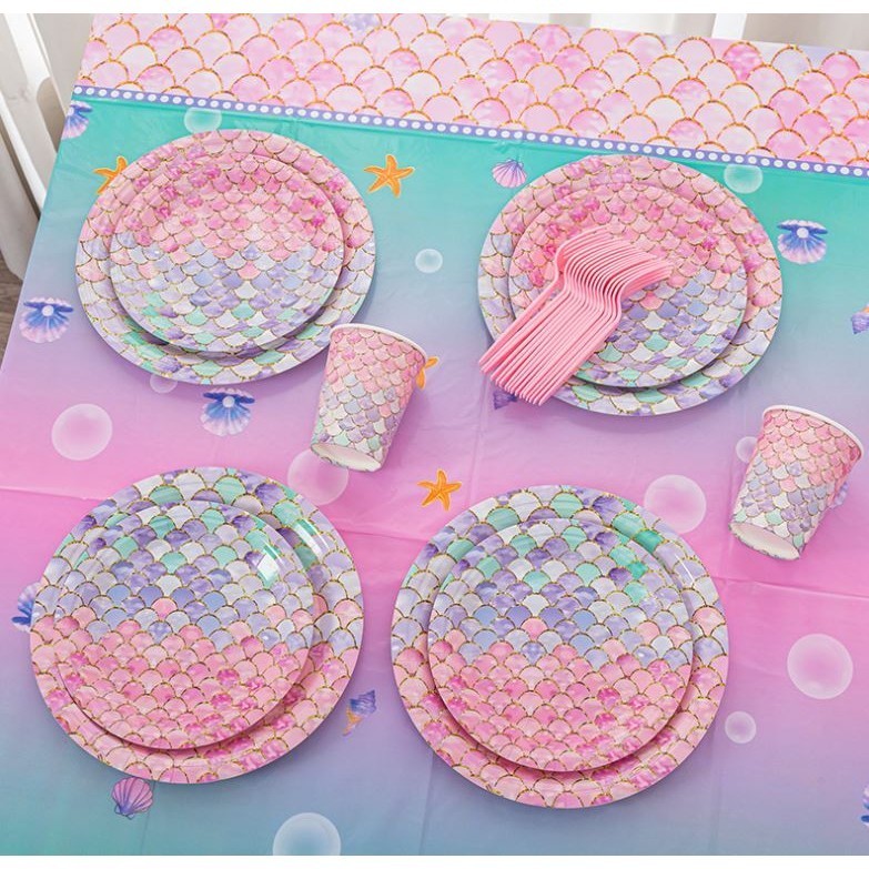 Mermaid Disposable Tableware Little Mermaid Paper Plates Cup Napkin Tablecloth Girl Mermaid Birthday Party Decor(2957L)