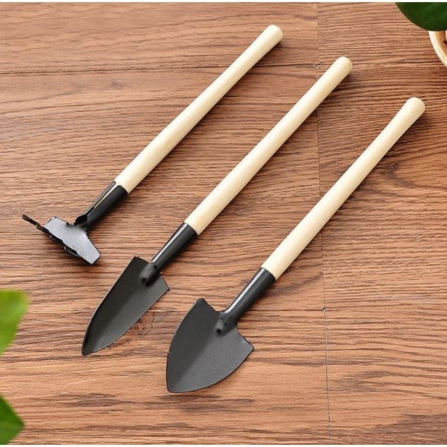 3 Piece Set Mini Gardening Potting Tools Wooden Handle Shovel Rake Shovel Multifunctional Household Plant Tools(2984L) - Image 3