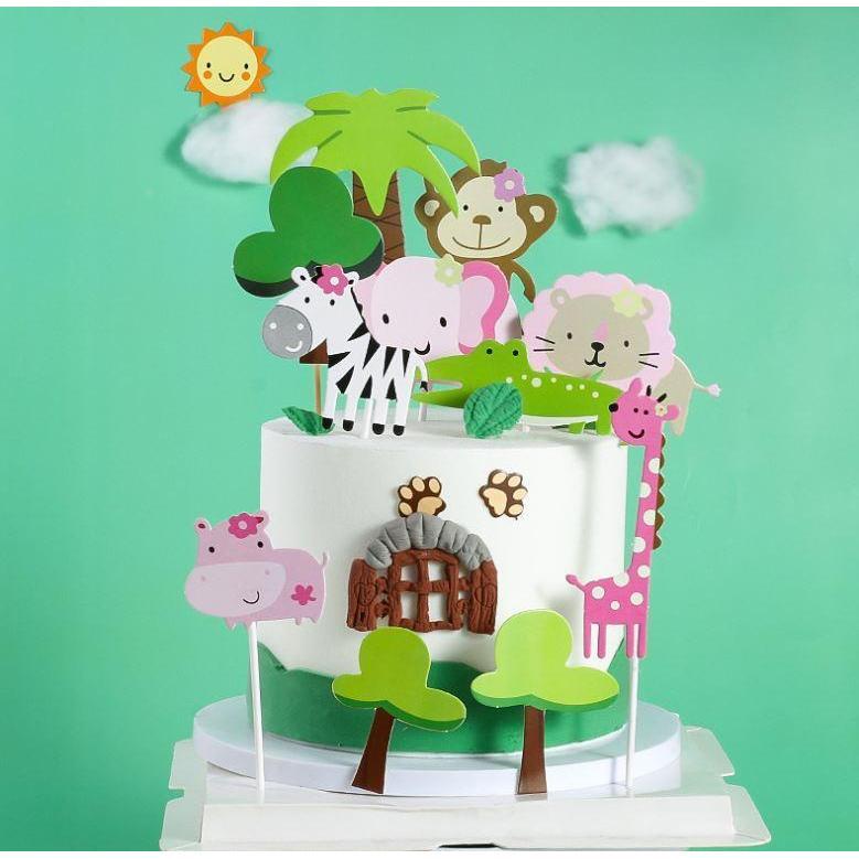 Jungle Theme Birthday Party Zoo Cute Animal Cake Toppers ForKid`s HappyBirthdayDecorationGiraffeTigerLionCupcake (1310L)